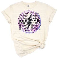 A bold mama graphic featuring a purple leopard print lightning bolt with cheetah accents.