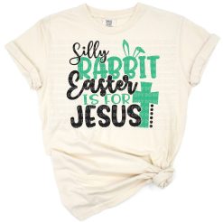 Cartoon Easter bunny with playful religious saying in colorful, cheerful design.