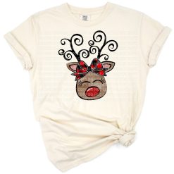 A cute Christmas reindeer with festive decorations.