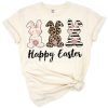 Three bunny rabbits with blush florals, leopard print, and striped patterns in a cheerful Easter design.