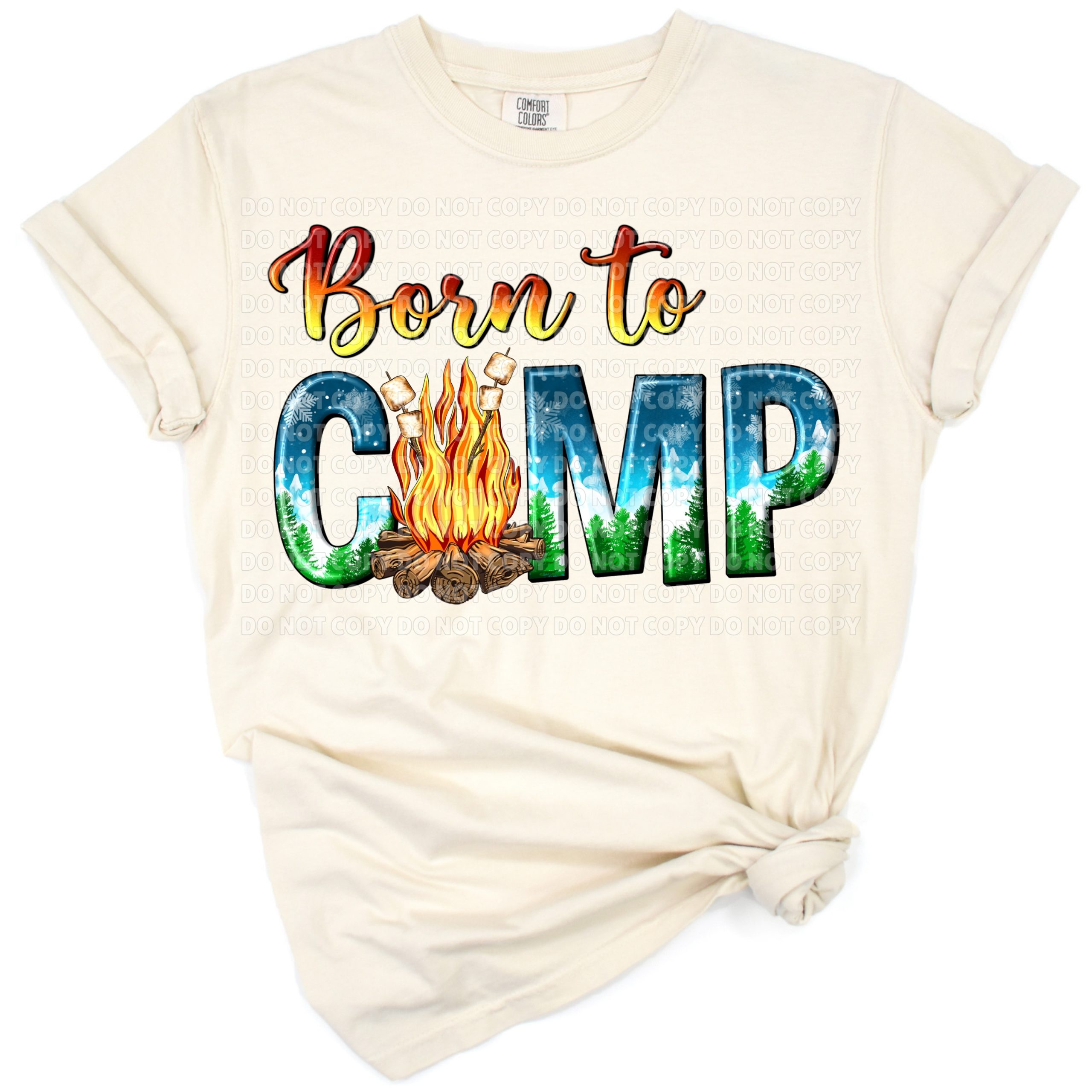 A retro styled scene with a campfire, tent, and outdoor camping elements.