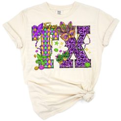 A colorful Texas state outline decorated with Mardi Gras themed patterns and festive elements.
