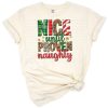 Playful retro style Christmas artwork with the phrase Nice Until Proven Naughty and festive holiday accents.