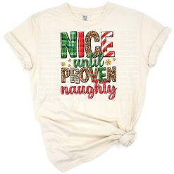 Playful retro style Christmas artwork with the phrase Nice Until Proven Naughty and festive holiday accents.