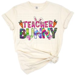 Illustration of a cute teacher bunny wearing glasses and rabbit ears with an Easter theme.
