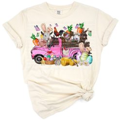 A cheerful farm truck filled with adorable animals and festive Easter decorations.