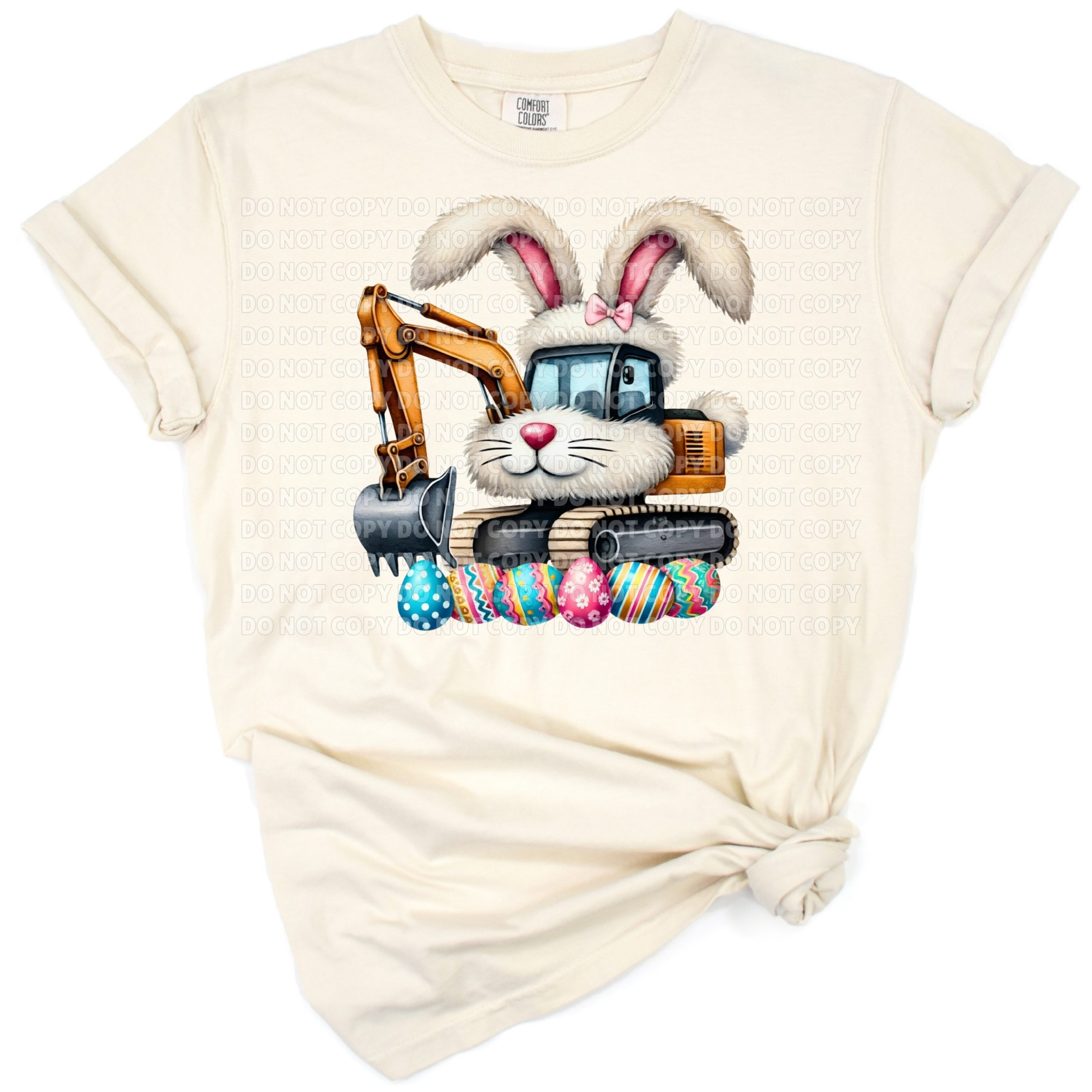 A cute cartoon excavator driven by a bunny with Easter eggs scattered around.