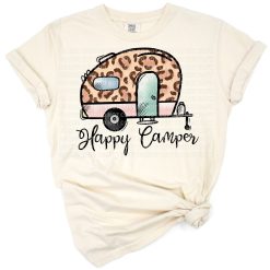 A retro happy camper design with leopard print details and camping elements.