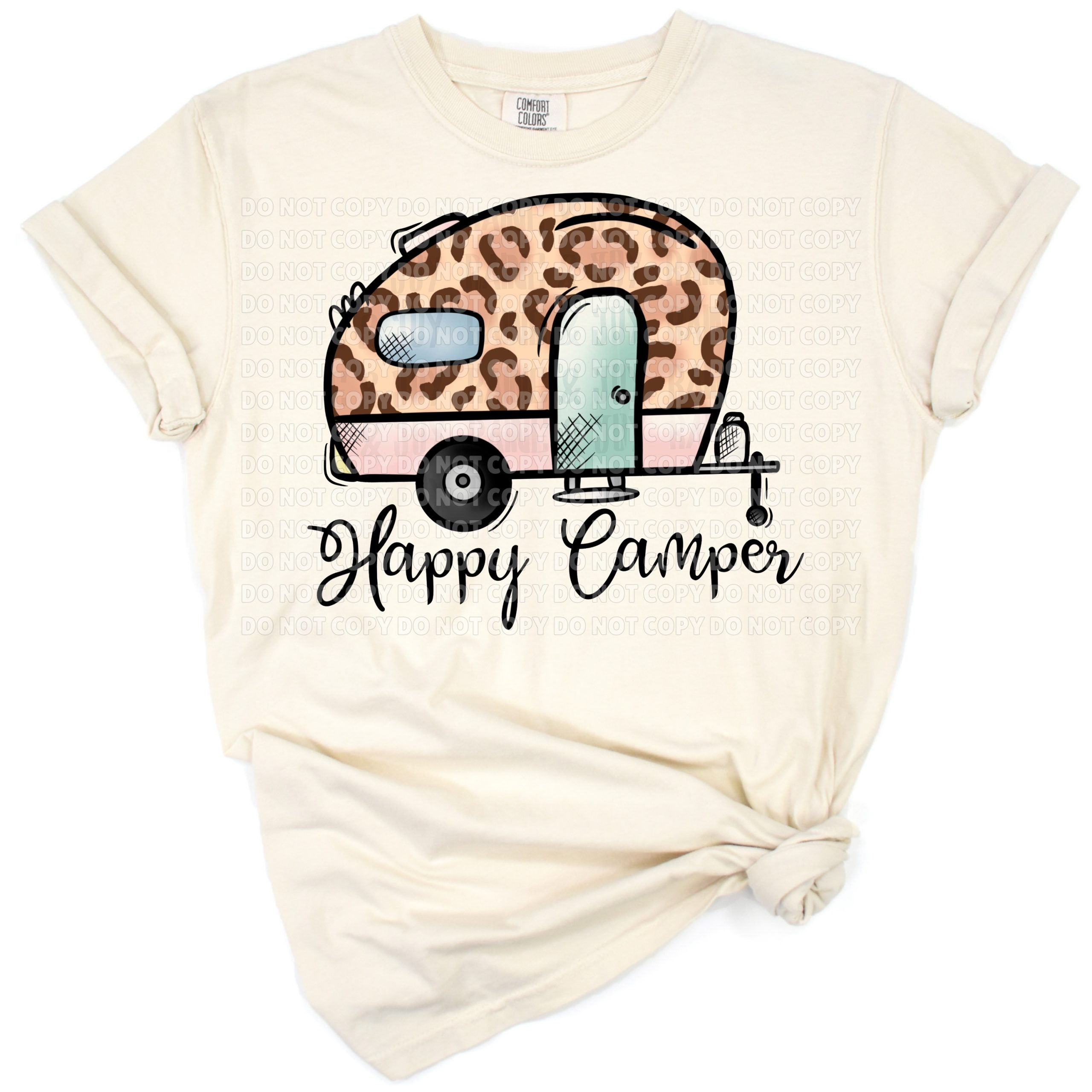 A retro happy camper design with leopard print details and camping elements.
