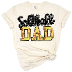 A bold softball dad text design with bright yellow softball laces.