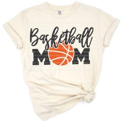 A sporty design featuring the word mom with a basketball and stylish elements.