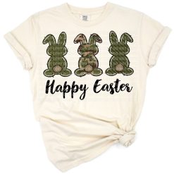 Three cartoon bunnies in army green camouflage sitting in a row