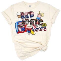 Three gnomes in red, white, and blue with an American flag and fireworks in the background.