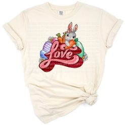 A cheerful Easter gnome holding a carrot surrounded by cute bunnies and love motifs.