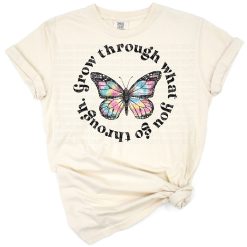 A retro boho butterfly illustration with flowers and the phrase grow through what you go through.