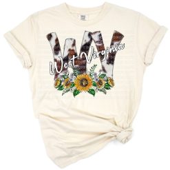 A graphic of West Virginia state with sunflower, cowhide pattern, windmill, and map elements.