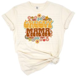 Groovy retro style illustration of mama and babe with colorful vintage text.