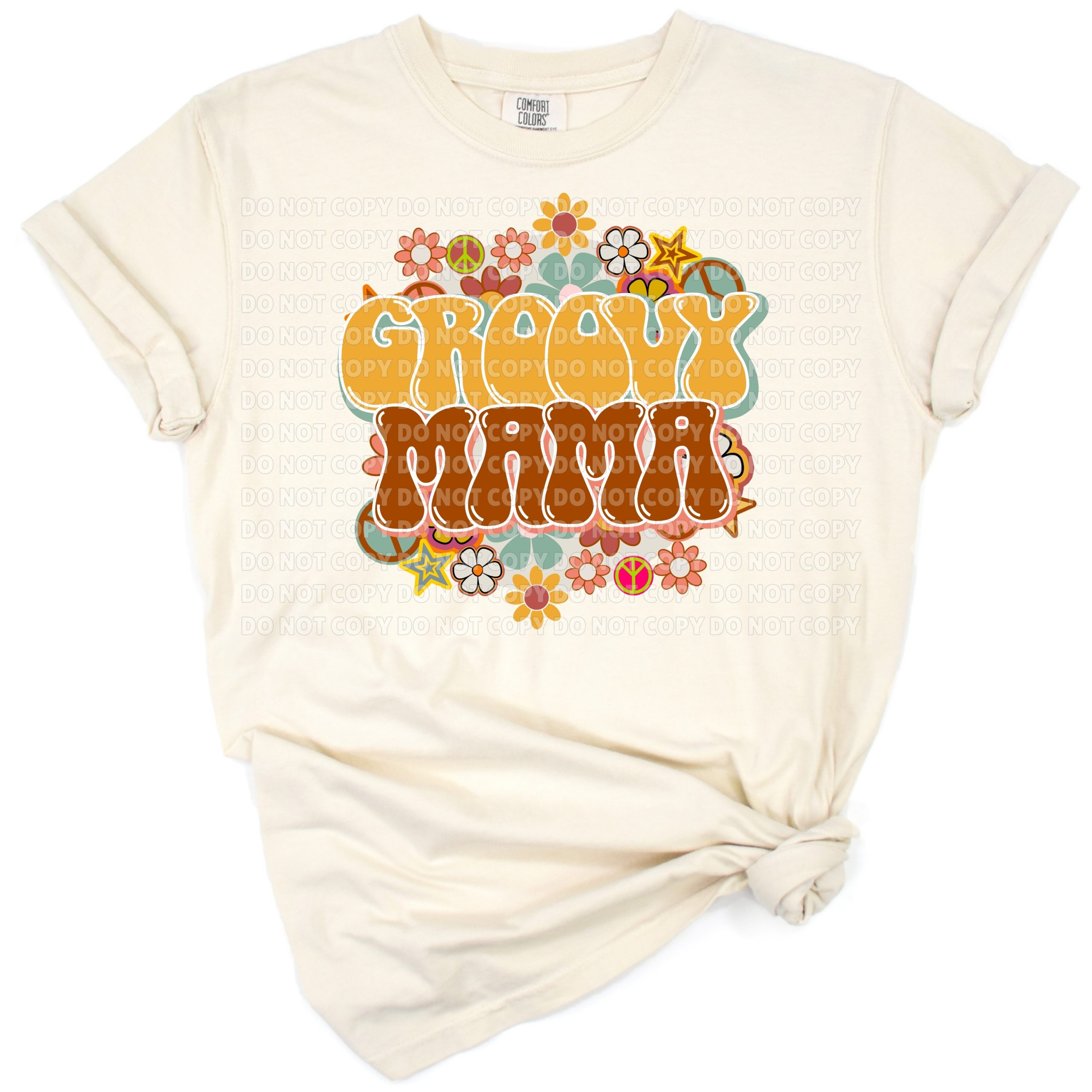 Groovy retro style illustration of mama and babe with colorful vintage text.