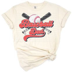 Retro style artwork featuring a baseball and bold dad lettering in a classic, sporty theme.