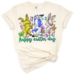 An Easter bunny surrounded by colorful sports balls and festive spring elements.