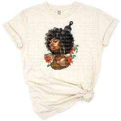 A vibrant illustration of a pretty Afro woman with Juneteenth and 1865 celebration motifs.