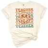 Retro summer design with happy face and sunglasses featuring a playful teacher theme.
