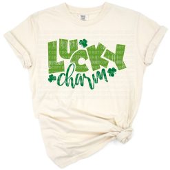 A grunge-style green shamrock with lucky text in cheerful lettering.