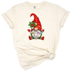 A festive scene featuring cute Christmas gnomes in red holiday hats and decorations.