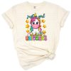 A pastel unicorn with whimsical accents in a cute girly style.