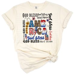 A retro-styled God Bless America design featuring the USA flag and bold patriotic lettering.