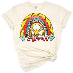 A colorful softball-themed rainbow with leopard and cowhide print accents.