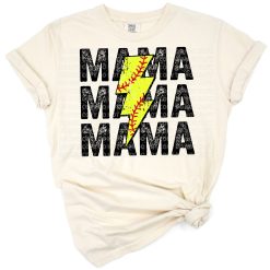 Distressed stacked Softball Mama text with a bright yellow lightning bolt illustration.
