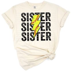 A distressed and retro stacked Softball Sister design with a bold lightning bolt accent.