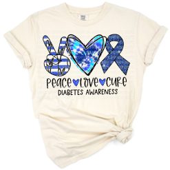 A blue awareness ribbon with tie dye effects, peace sign, heart, and text for diabetes support.