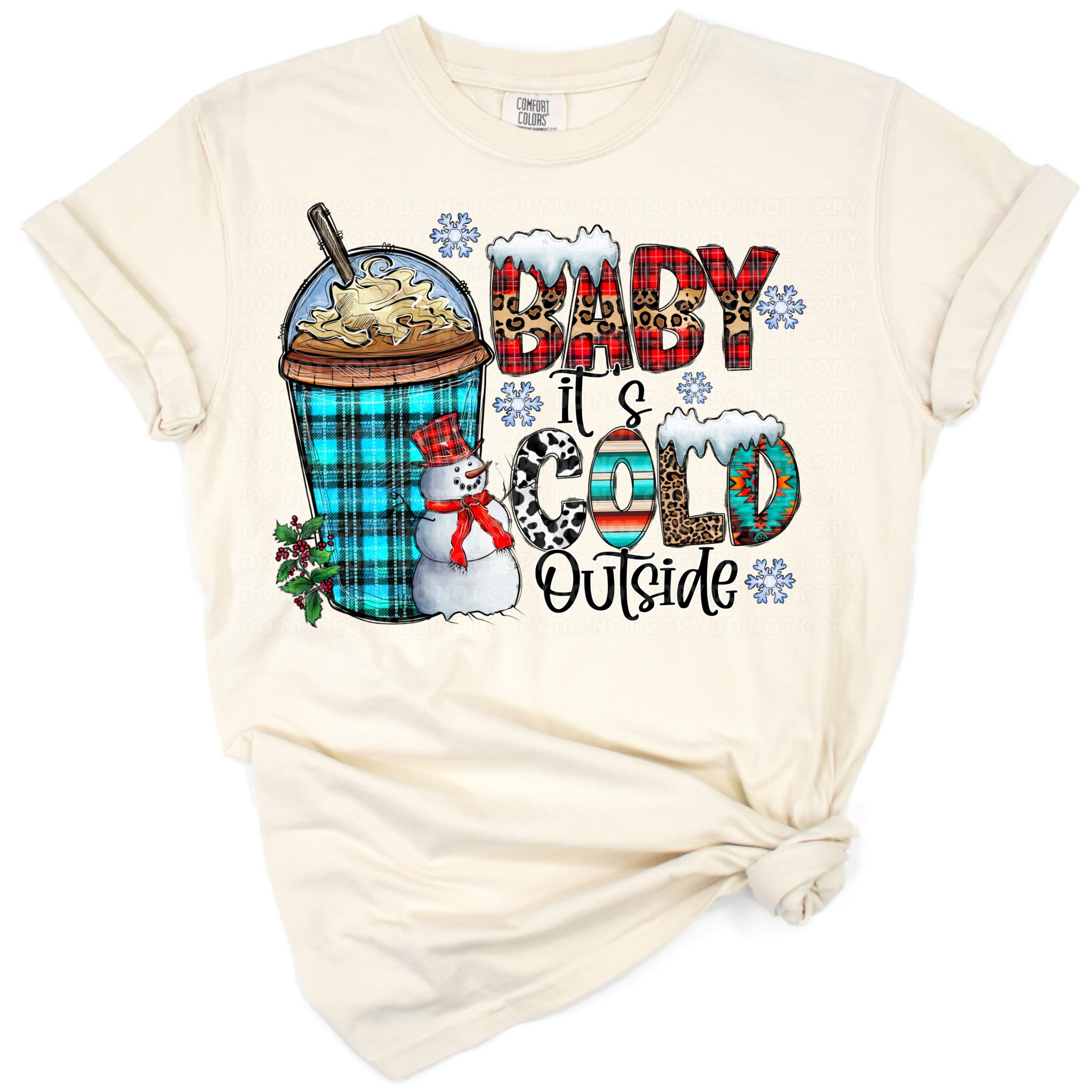 A cheerful holiday illustration with coffee cups, snowflakes, and festive winter decorations.