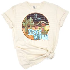 A retro neon moon artwork with western country motifs.