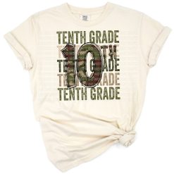Camo stacked text design reading 10th grade in a bold back to school style.