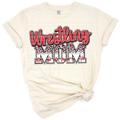 Red letter design spelling wrestling mom with bold sporty style