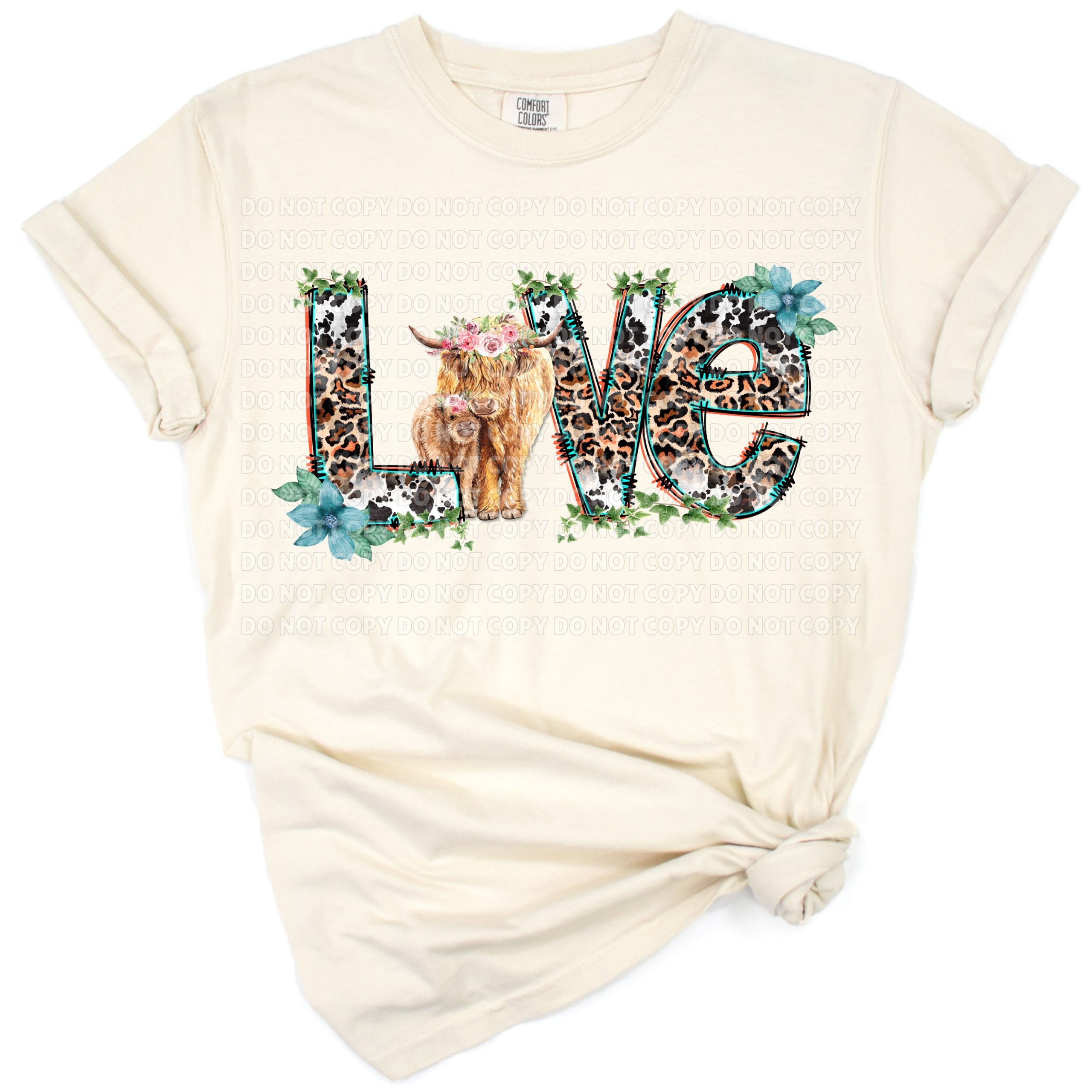 A cute highland cow decorated with pastel boho florals in a western-inspired style.