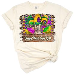 A festive illustration of a goat surrounded by crawfish and fleur de lis with Mardi Gras colors.
