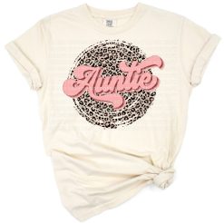 Retro leopard print auntie text in boho style with cheetah pattern accents.