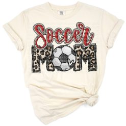 Sporty red soccer mom text design with bold letters.