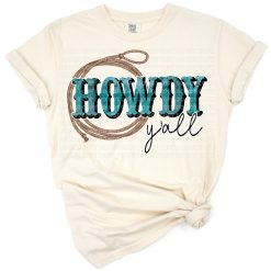 Retro western artwork featuring cowboy, cowgirl, and country farm motifs with a bold howdy theme.
