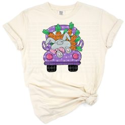 A cheerful bunny drives a vintage truck filled with colorful Easter eggs and farm animals.