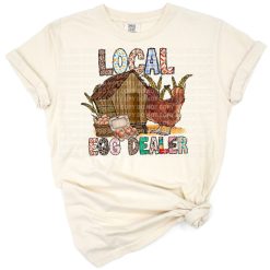 A cartoon chicken with eggs and western farm accents in a playful, humorous style.
