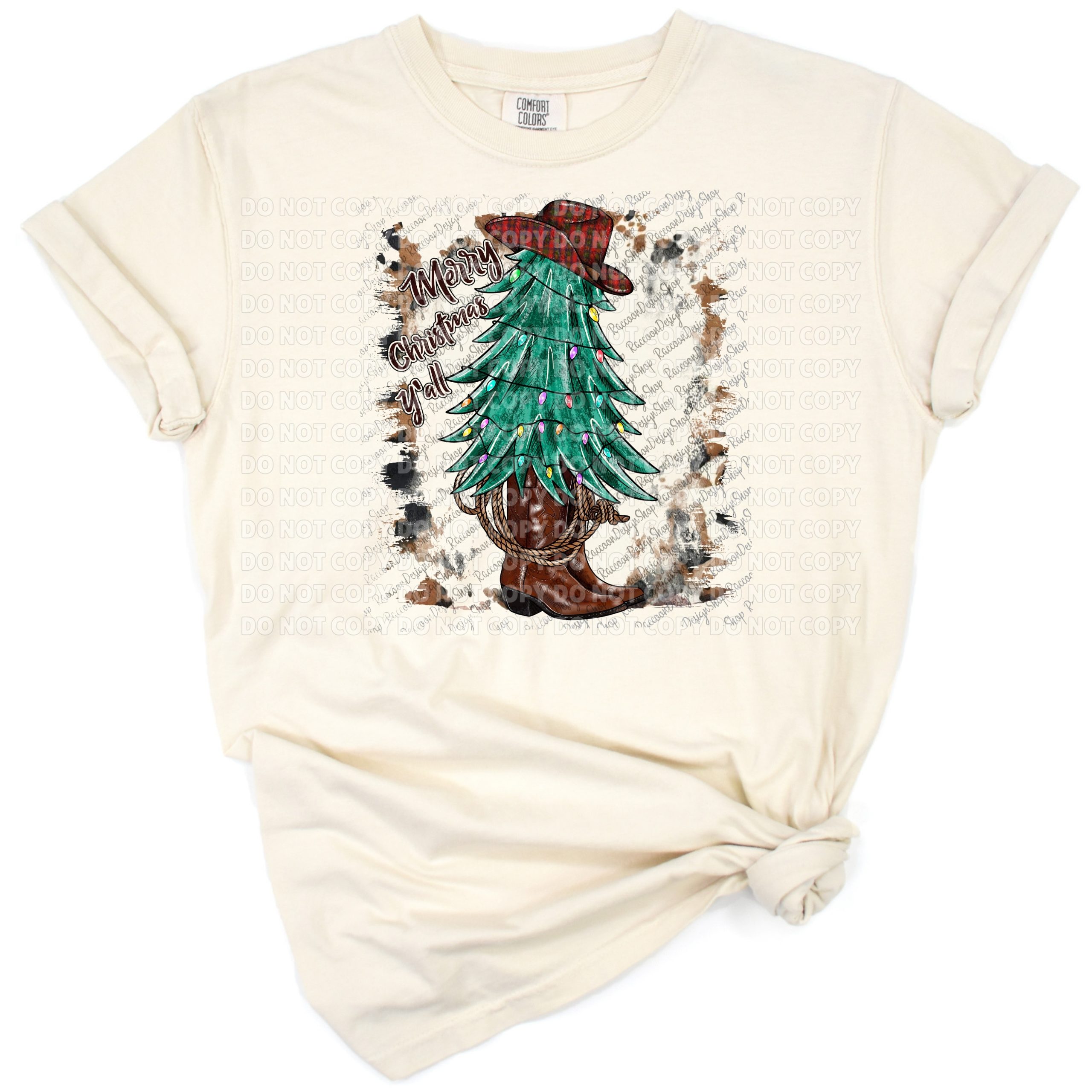 Festive Christmas trees with cowhide and cheetah patterns alongside a western Santa.