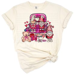 A retro Valentine truck with a cheerful gnome holding hearts in a festive style.