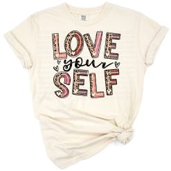 A cheerful and uplifting design with the phrase 'Love Yourself' surrounded by positive accents.