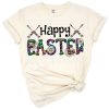 A western-themed Easter design featuring a watercolor rabbit, leopard pattern, daisy flowers, and arrow accents.