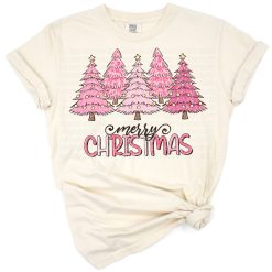 A festive design with Christmas trees and merry holiday decorations.